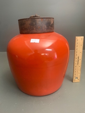 Vintage Red Ochre Glazed Chinese Jar with Iron Lid c1960's