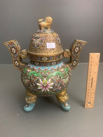 1960's Chinese Cloisonne Ware 2 Handled Incense Burner with Lion Mount on Tripod Feet