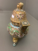 1960's Chinese Cloisonne Ware 2 Handled Incense Burner with Lion Mount on Tripod Feet - 2