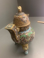 1960's Chinese Cloisonne Ware 2 Handled Incense Burner with Lion Mount on Tripod Feet - 3