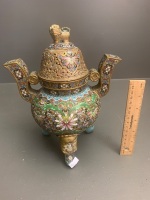 1960's Chinese Cloisonne Ware 2 Handled Incense Burner with Lion Mount on Tripod Feet - 4