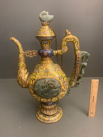 Large Antique Chinese Cloisonne Ware Pot / Kettle with Carved Jade and Brass Mounts + Inlaid Turquiose and Semi Precious Stones c1900