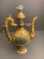 Large Antique Chinese Cloisonne Ware Pot / Kettle with Carved Jade and Brass Mounts + Inlaid Turquiose and Semi Precious Stones c1900 - 4