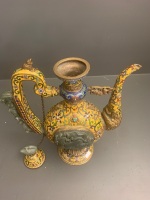 Large Antique Chinese Cloisonne Ware Pot / Kettle with Carved Jade and Brass Mounts + Inlaid Turquiose and Semi Precious Stones c1900 - 5