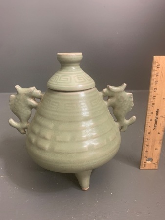 Vintage Celadon Glazed 2 Handled Pot on Tripod Feet