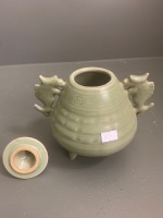 Vintage Celadon Glazed 2 Handled Pot on Tripod Feet - 4