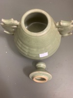 Vintage Celadon Glazed 2 Handled Pot on Tripod Feet - 5