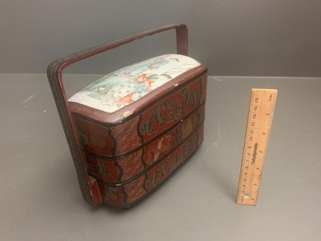 c1960's Chinese Laquerware Lunchbox Incorporating Late 19thC Famille Rose Plaque at Top