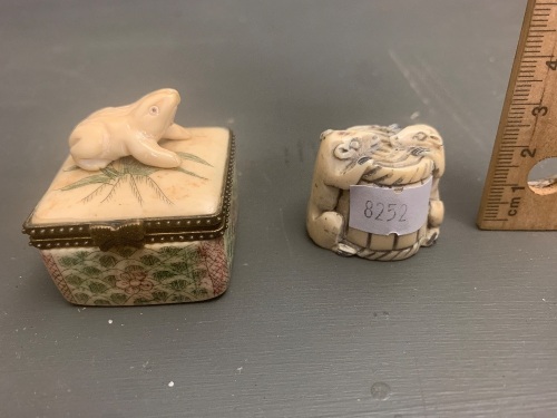 Carved Japanese Netsuke Depicting 2 Rats and a Barrel - Signed to Base + Brass Mounted Carved Frog Bone Pill Box