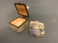 Carved Japanese Netsuke Depicting 2 Rats and a Barrel - Signed to Base + Brass Mounted Carved Frog Bone Pill Box - 2