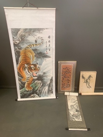 Vintage Chinese Horse Print, Framed Silk + 3 Scrolls inc. Tiger, Chinese Calligraphy and Great Wall Images