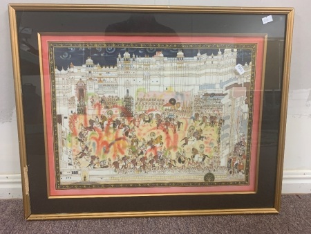 Vintage Framed Indian Watercolour of Throwing the Colours Festival