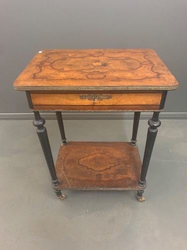 Antique French Lift Lid Sewing Box with Mahogany Fitted Interior and Marquetry Top with Mirror Inside - Needs Attention