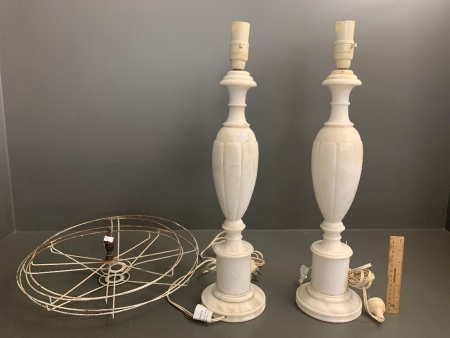 Pair of Tall Vintage Alabaster Table Lamps + Shade Parts