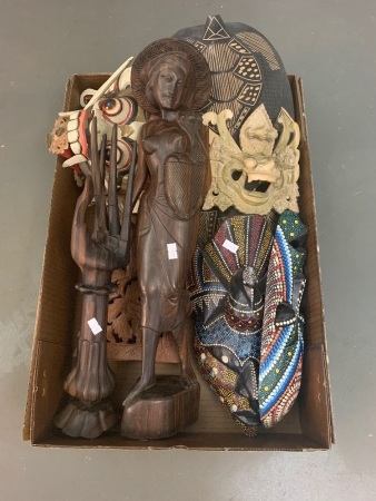 Asstd Lot of Carved Items inc. Rosewood Figures, Balinese Masks Etc