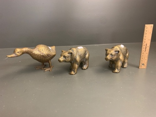 Pair of Vintage Brass Bears + Brass Duck