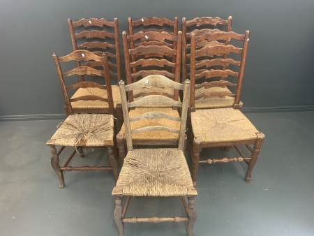 2 Antique French Oak Ladderback Farmhouse Chair with Rush Seats - As Is + 5 Larger Vintage Chairs of the Same Style