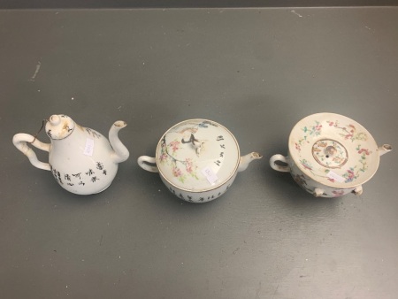 3 x Antique Early 20th Century Famille Rose Chinese Tea Pots - Stamps to Base