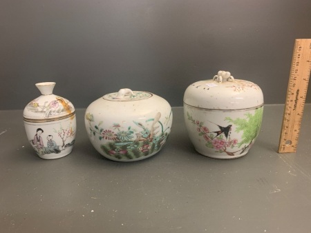 3 x Antique Early 20th Century Chinese Famille Rose Lidded Jars - Largest App. 120mm Tall