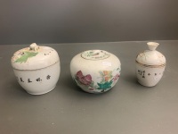 3 x Antique Early 20th Century Chinese Famille Rose Lidded Jars - Largest App. 120mm Tall - 3