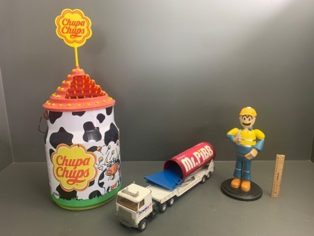 Asstd Lot inc. Toy Truck, Cartoon Figurine & Bin