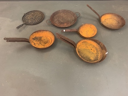 Lot of Rusty Steel Pans and Skillet
