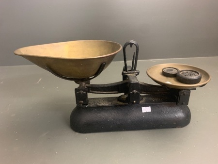 Set of Vintage Cast Iron Avery Balance Scales with Original Brass Pans + 2 Weights