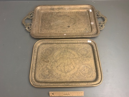 2 Antique Brass Trays - Both with Very Intricate Incised Patterns