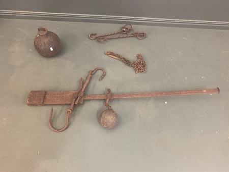 XL Iron Sack Scale, Cast Iron Chaff Cutter Counterweight + Wrought Iron Chain and Hooks