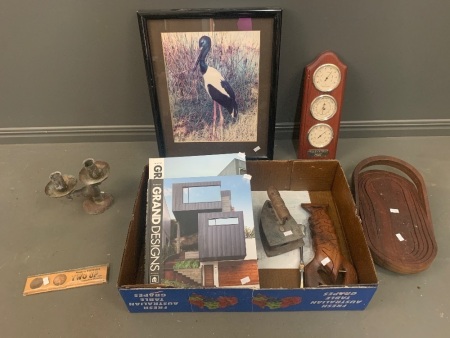 Interesting Box Lot inc. Vintage Style Iron, Two Up, Barometer, Wooden Lobster, Books etc