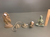 Small Bronze Seated Figure, Indian Brass Paperweight, Snail and Bells