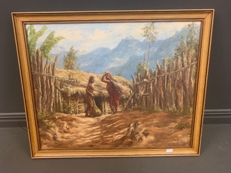Original Framed Oil on Board Home from Market Painting by David Willis in 1973, New Guinea
