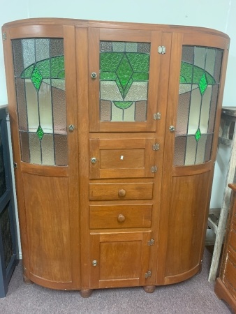 Vintage Demi Lune Australian Kitchen Dresser / Hutch with Lead Light Glass in Good Condition