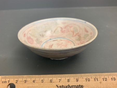 Ming Dynasty Glazed Ceramic Bowl with Pale Floral Decoration Inside and Out