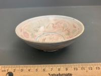 Ming Dynasty Glazed Ceramic Bowl with Pale Floral Decoration Inside and Out