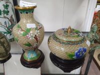 Contemporary Chinese Cloisonne Lidded Bowl and Similar Floral Vase on Wooden Stands - 8