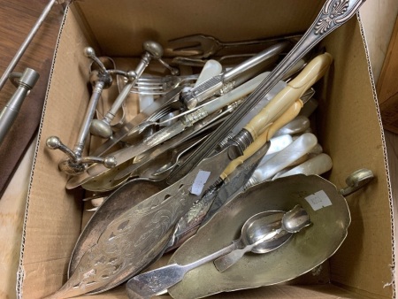 Asstd Lot of Vintage Silver Plated Cutlery Inc. Bone and MOP Handles, Knife Rests, Serving Sppons Etc
