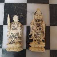 Beautifully Carved Chinese Antique Ivery Chess Set and Later Quartz/Marble Board - 6