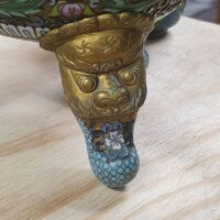 1960's Chinese Cloisonne Ware 2 Handled Incense Burner with Lion Mount on Tripod Feet - 7