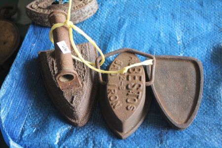 2 x Antique Cast Irons + Cast Iron Stand