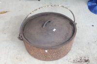 Large Antique 16in Cast Iron Camp Oven on Tripod Legs with Lid Marked 16 and Original Handle