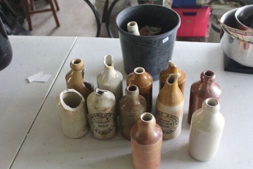 Box Lot of Vintage Stoneware Ginger Beer Bottles As Is - Most Damaged + Tub of Tops