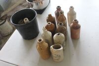 Box Lot of Vintage Stoneware Ginger Beer Bottles As Is - Most Damaged + Tub of Tops - 4