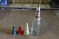 Caltex 1 Quart Glass Oil Bottle with Tin Pourer + 3 Other Plastic Pourers