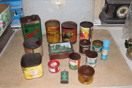 Asstd Lot of Vintage Tins inc. Wakefield Castrol, Shell, Verity Prunes etc