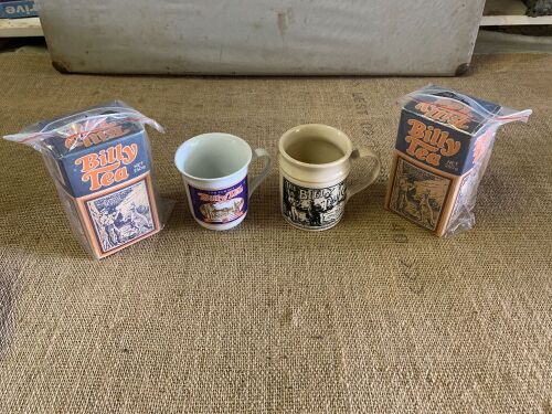 Asstd Lot of Billy Tea Items inc 2 Mugs and 2 x 250g Tea c1989