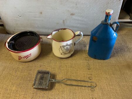 Asstd Lot 3 Pieces Vintage Enamel Ware inc. Dripping Pan, Jug and Flask