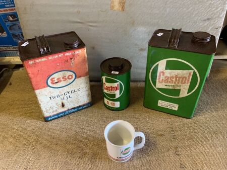 2 x Imp. Gallon Oil Tins Esso and Castrol + 1 Qrt Castrol Tin and Mug