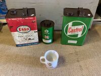 2 x Imp. Gallon Oil Tins Esso and Castrol + 1 Qrt Castrol Tin and Mug - 3