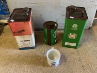 2 x Imp. Gallon Oil Tins Esso and Castrol + 1 Qrt Castrol Tin and Mug - 4